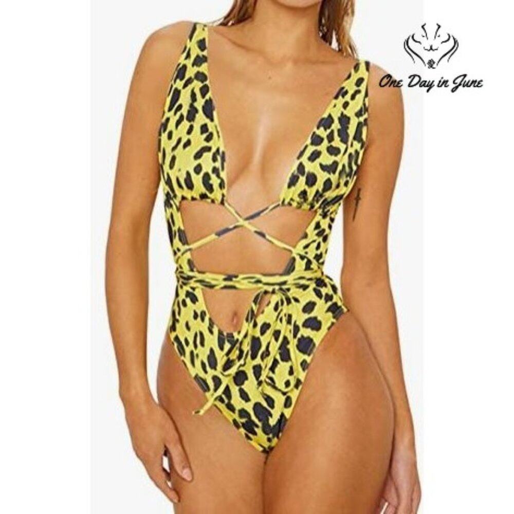 Sovoyontee Deep V Thong Wrap One Piece Swimsuit Size XL
